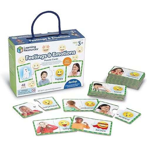 Learning Resources Feelings & Emotions Puzzle Cards, Social Skills, Autism Learning Materials, Speech Therapy Materials, Social Emotional Learning Toys and Games for Kids, 48 Pieces, Ages 3+