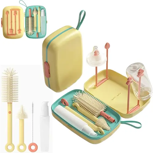 Baby Travel Essential Bottle Cleaning Kit, 7in1 Silicone Travel Newborn Flying Bottle Brush Set & Drying Rack Nipple Straw Breast Pump Portable Cleaning Soap Dispenser Organizer Gift Mom (Yellow)