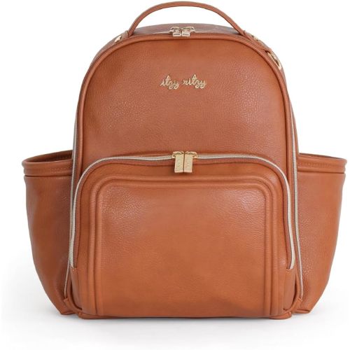 Itzy Ritzy Mini Plus Diaper Bag Backpack – Chic Mini Diaper Bag with Changing Pad, 10 Total Pockets (6 Internal and 4 External), Grab-Top Handle and Rubber Feet (Cognac)