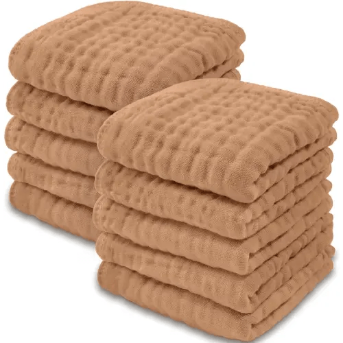 Baby Washcloths, Muslin Cotton Baby Towels Large 10”x10” Wash Cloths Soft on Sensitive Skin, Absorbent for Boys & Girls, Newborn & Toddlers Bibs & Burp Cloths Essentials Set (Caramel, Pack of 10)