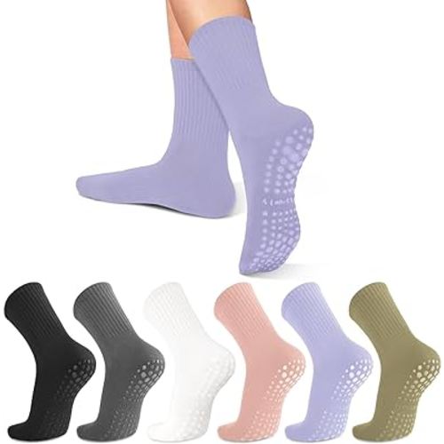 6 Pairs Pilates Socks with Grips for Women-Non-Slip Yoga Socks for Ballet Dance Barefoot Workout Pregnant Crew Socks