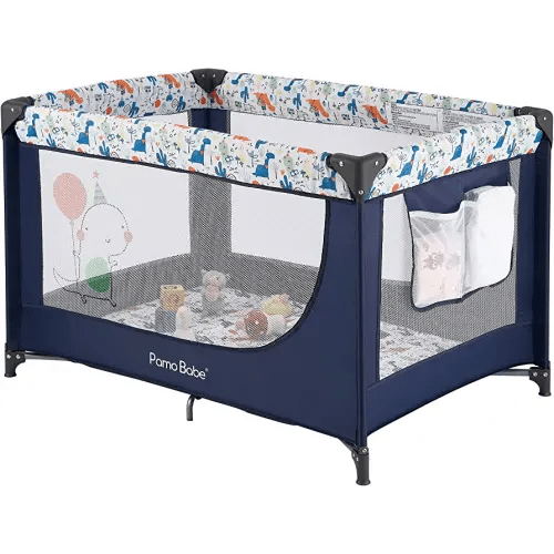 Pamo Babe Travel Foldable Portable Bassinet Baby Infant Comfortable Play Yard Crib Cot with Soft Mattress Breathable Mesh Walls, and Carry Bag Blue