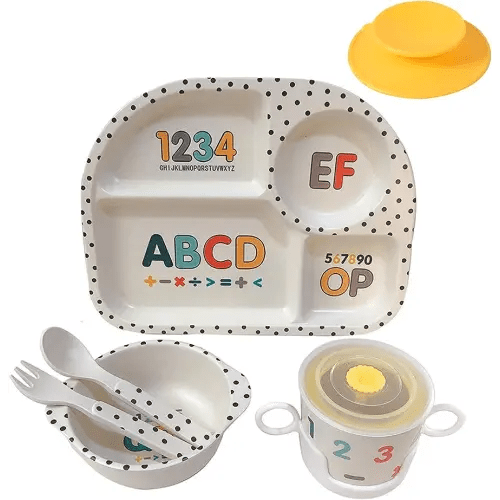 shopwithgreen 7Pcs/Set Bamboo Kids Dinnerware Set - Children Dishes - Food Plate Bowl Cup Spoon Fork Set Dishware, Cartoon Tableware, Dishwasher Safe Kids Healthy Mealtime, BPA Free