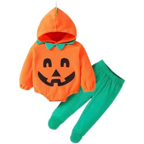 WOLBAY 2Pcs Newborn Infant Baby Boy Girl Fleece Halloween Pumpkin Costumes Hoodie Romper Onesie Cotton Pants Outfit