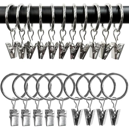 100 Pack Metal Curtain Rings with Clips, Drapery Clips with Rings, Drapes Rings 1 in I D, Fits Diameter 6/8 in Curtain Rod, Silver