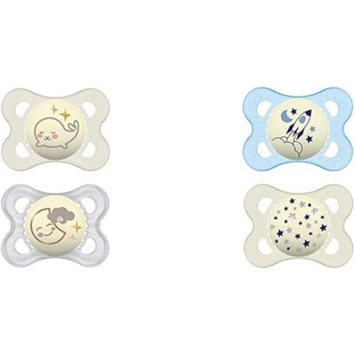 MAM Night Pacifiers with Glow-in-Dark Buttons, 0-6 Months, Breastfed Baby Pacifiers, Unisex, includes Sterilizing Case and 2 Pacifiers