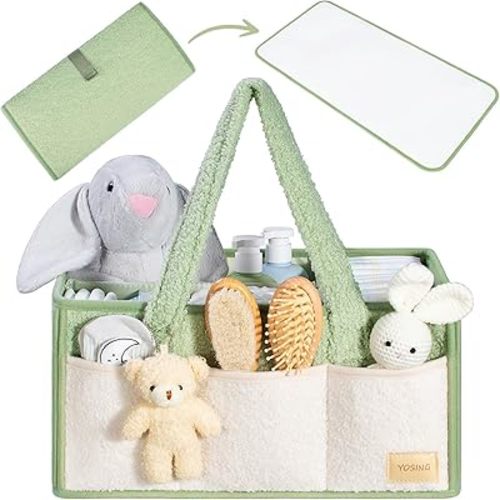 YOSING 2in1 Diaper Caddy with Changing Pad, Baby Diaper Caddy Organizer with Changing Mat, Newborn Caddy for Car Travel, Nursery Storage and Car Organizer for Diapers and Baby Wipes, Green+ White