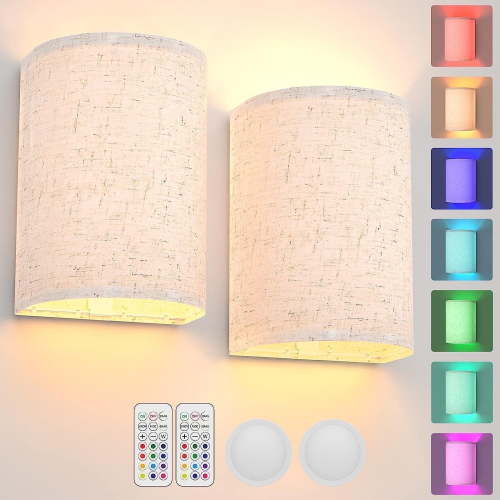 Battery Operated Wall Sconce Magnetic Wireless Lamp RGB Colors Dimmable with Fabric Linen Shade and Remote, Lighting Decor Set of 2 for Bedroom Living Room Hallway