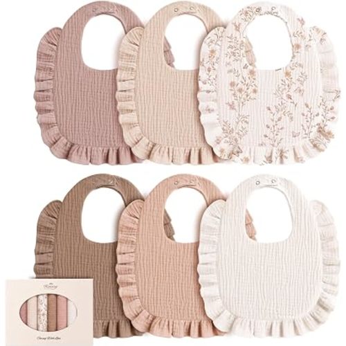 Konssy 6-Pack Muslin Baby Girl Bibs, 100% Soft Cotton Absorbent Drool Bibs