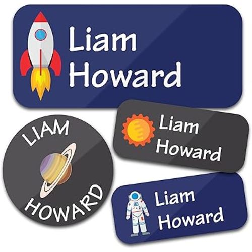 Personalized Daycare Name Labels for Kids (130 Labels) - Custom Waterproof Name Stickers for Clothing Tags, Water Bottles, Lunch Boxes and School Supplies (Space)