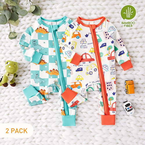 PatPat Bamboo Baby Pajamas Baby Girl Gifts Snug Fit Zipper Long-Sleeved Baby Bodysuits Sleepwear,2Pack,0-24 Months