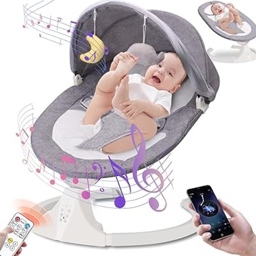Electric Baby Swings for Infants Baby Bouncer Newborn Portable Bluetooth Swing for Baby (0-12 Month) with 5 Swing Speed 10 Lullabies,Plug in Infant Swing for Indoor and Outdoor Use Grey