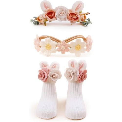 cherrboll Baby Girl Headbands and Socks Set, 3Pcs Soft Floral Hairbands Hair Bows Knit Socks for Newborn Infants Toddlers Photography Props Gifts
