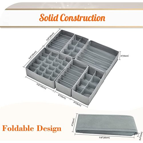 HAUSEIN 6 Pack Sock Underwear Drawer Organizer Dividers, 57 Cell Foldable Fabric Dresser Closet Organizers and Storage Boxes for Clothes, Baby Clothing, Wardrobe, Socks, Bra, Tie, Scarf, Belt (Gray)