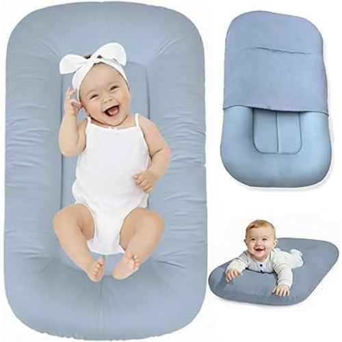 Baby Lounger 0-24 Months,Bionic Design Infant Lounger for Home and Travel with Cover,Breathable Baby Nest Waffle Fabric & 3D Support Newborn Babies Essentials Gifts,Light Blue