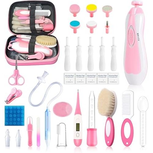 30 in 1 Baby Healthcare and Grooming Kit, Infant Baby Nursery Kit Electric Nail Trimmer Set with Gas Colic Passer Nasal Aspirator Nail Clipper Hair Brush Comb for Newborn Girls Boys (Pink)