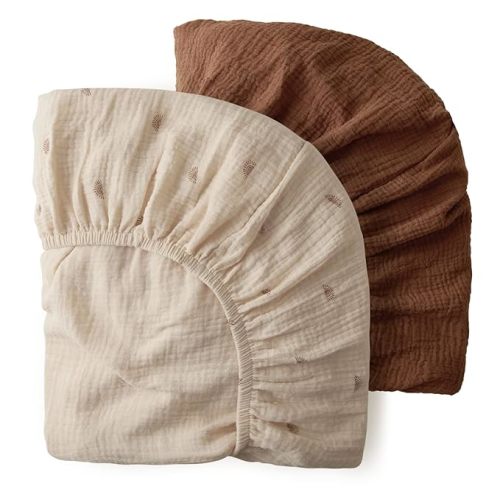 Blissful Diary Muslin Mini Crib Sheets, Pack and Play Mattress Sheets Fitted for Pack N Play, Soft Cotton for Boys Girls, 2 Pack(Sunshine&Brown) - Sunshine & Brown - Pack N Play Sheets 2 Pack