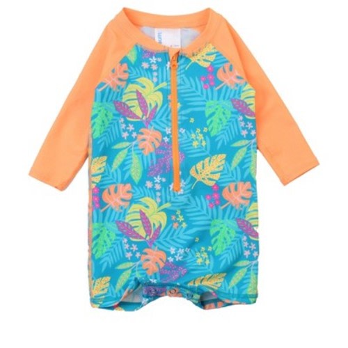 Ruggedbutts Baby Boys Long Sleeve One Piece Rash Guard - Neon Tiki Vibes, 0-3m