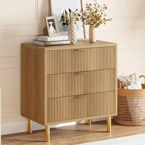 IDEALHOUSE Natural 3 Drawer Dresser for Bedroom, 30” Tall Dresser Organizer, Wood Dresser with Metal Legs, Modern Chest of Drawers, Large Dresser for Closet, Living Room, Hallway