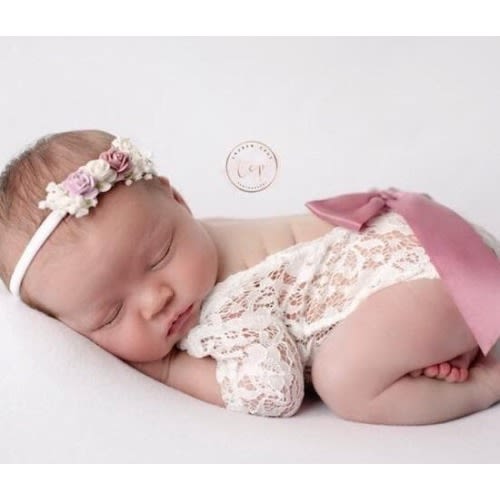 Newborn White Lace Romper with choice of 10 colors for ribbon bow, or no bow, **AND/OR** Flower Headband, photo, bebe, Lil Miss Sweet Pea