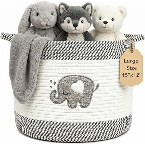 Baby Laundry Basket for Nursery, Large 15”x12” Baby Storage Baskets, Cotton Rope Kids Hamper Soft Foldable Bin with Cute Embroidered Animal Designs for Home Toys Organize