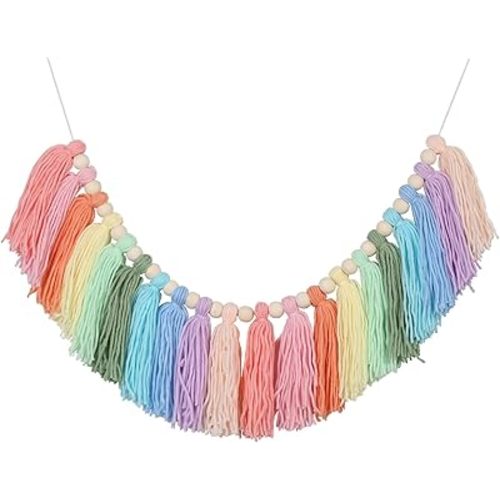 Pastel Rainbow Tassel Garland - Boho Tassel Garland with Wood Beads - Wall Decor for Dorm, Girls Room and Nursery Room for Home Party Baby Shower Supplies (Soft Colors) (C)