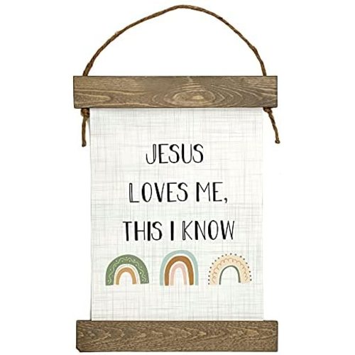 Kingdom Quality Baby Dedication Gifts - Christening Gift - Baptism Gift - Rainbow Decor and Nursery Wall Decor - Jesus Loves Me This I Know Rainbow Decor, Hanging Canvas Wall Art, 10 x 17 inch (WXH)