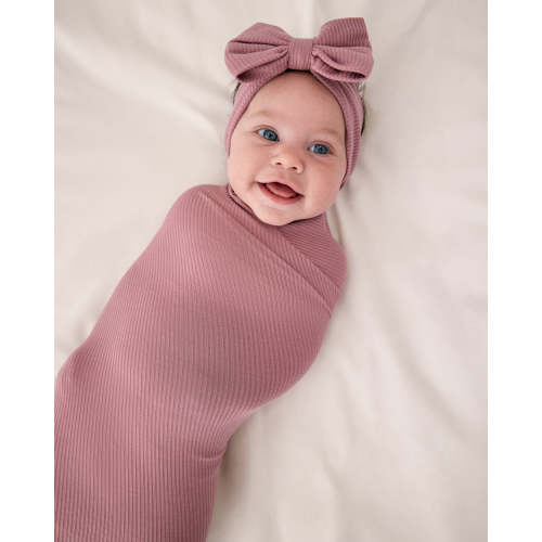 Little Sleepies Rosewood Ribbed Swaddle & Luxe Bow Headband Set