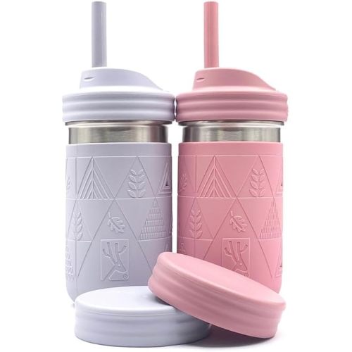 Elk and Friends Stainless Steel Cups |14 oz Mason Jar design | Kids & Toddler Cups with Silicone Sleeves & Straws with Stopper | Smoothie Cups | Dishwasher Safe