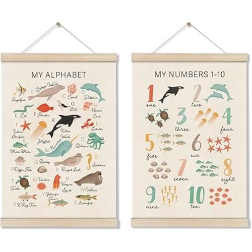 DOI-LANEE Alphabet Numbers Poster Hanger Frame, Kids Educational Posters 16x12 Inch, Set of 2 Ocean Room Decor, Alphabet Chart for Preschool Classroom, Montessori ABC Learning, Sea Life Decor