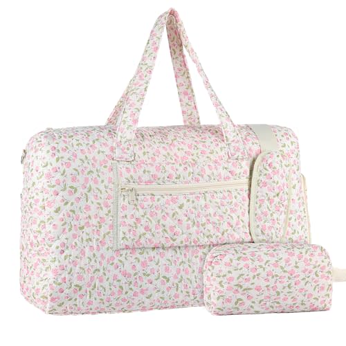 Large Pink Floral Quilted Duffle Bag, Coquette Floral Portable Gym Lightweight Weekender Bag for Women, Handbag with Makeup Pouch with Dry and Wet Separation for Travel Hospital