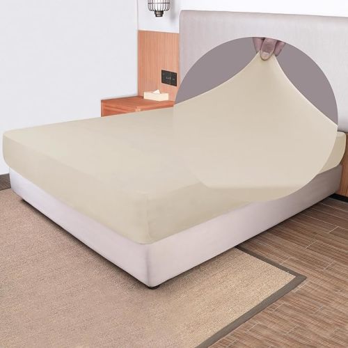 Soft Stretch Full Size Fitted Sheet Only - Jersey Knit & Cozy T-Shirt Like, 4-Way Stretchy Snug Fit & Wrinkle Free, No More Slipping Mattress Sheets - Creamy Beige, Full