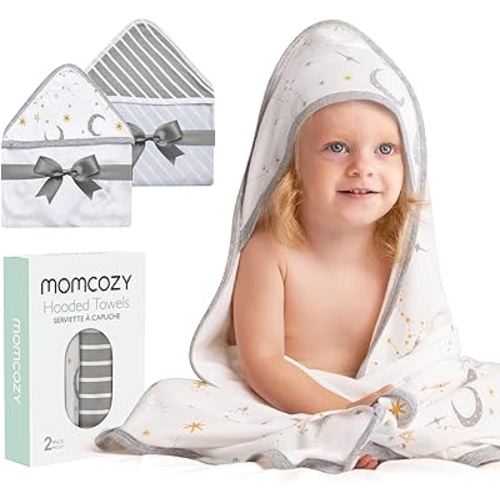 Momcozy Hooded Baby Towel, 2 Pack Baby Bath Towel with Large 35 X 35 Inch, Super Soft Cotton and Hooded Towel for Newborn, Toddler and Kid, Starry Sky