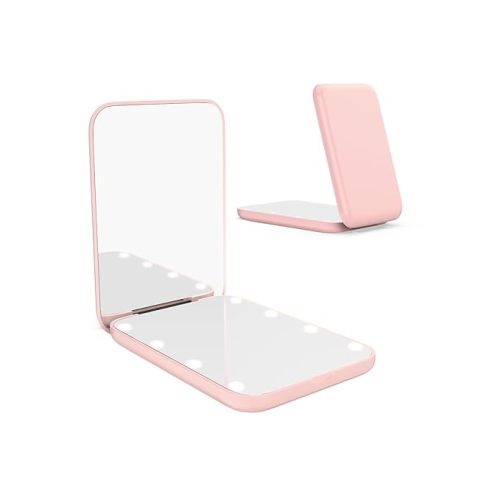 WOBSION Small Lighted Makeup Mirror for Purse, 1x/3x Magnification LED Compact Travel Mirror with Light, Portable Mirror for Pocket or Bag, Cute Pink Gift for Girls,Women