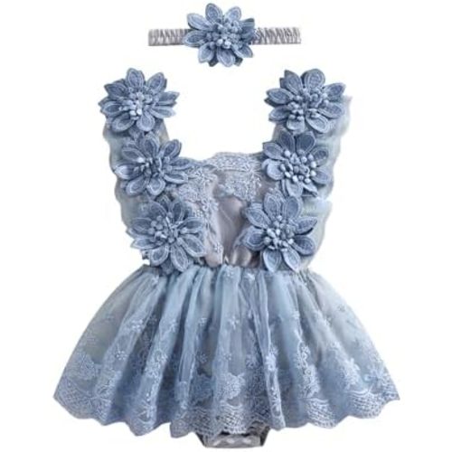 Newborn Baby Girl Romper Dress Lace Floral Sleeveless Tulle Dress with Headband Infant Summer Mesh Jumpsuits