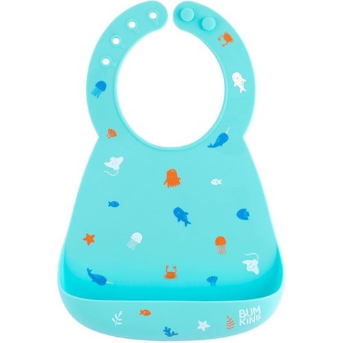 Bumkins Bibs, Silicone Pocket for Babies, Baby Bib for Girl or Boy, for 6-24 Months Up to Toddler, Essential Must Have for Eating, Feeding, Baby Led Weaning Supplies, Mess Saving, Ocean Life Blue