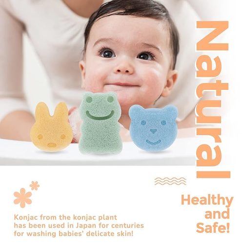 myHomeBody Konjac Baby Sponge for Bathing, Cute Shapes Natural Kids Bath loofah for Infants, Toddler, Newborns, Safe Plant-Based, 3pc. Set: Rabbit, Frog, Bear face
