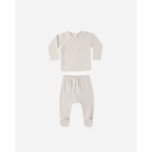 QUINCY MAE - Wrap Top + Footed Pant Set Oat Micro Stripe - 3-6 Months