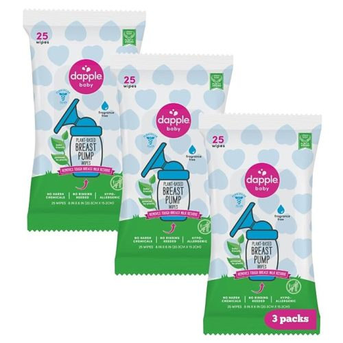 Breast Pump Wipes by Dapple Baby, 25 Count (Pack of 3), Fragrance Free, Plant Based & Hypoallergenic Breast Pump Wipes - Removes Milk Residue, Leaves No Taste - Convenient Wipes Pouch - Unscented