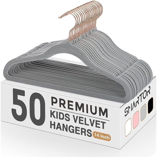 Smartor Kids Velvet Hangers 50 Pack, 14'' Inch Premium Non Slip Kids Felt Hangers for Closet, Space Saving Toddler Clothes Hanger for Youth's Childrens' Clothes (Rose Gold Hook)- Grey