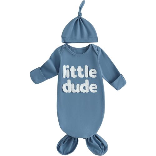 Merqwadd Baby Boy Coming Home Outfit Little Dude Sleeping Gown with Hat Infant Sleeper Nightgown