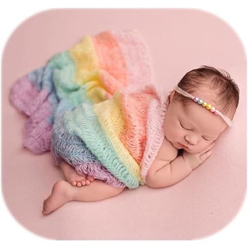 Coberllus Newborn Baby Photography Props Boy Girl Mohair Wrap Rainbow Long Ripple Photo Shoot Props Blanket (Rainbow)