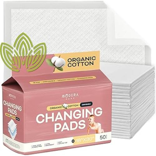 Organic Cotton Disposable Changing Pad Liners | XL-Large (30x18) Hypoallergenic Super Soft Ultra Absorbent & Waterproof Quilted Underpads for Baby Diaper Table & Travel, Leak Proof, Mess Free, 50-Pack