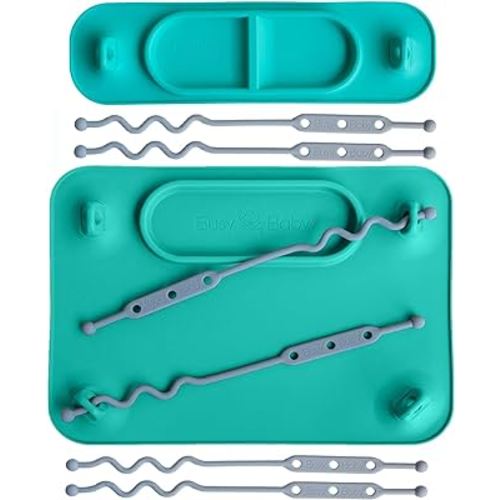 BUSY BABY Silicone Mat Bundle - 1 Original Mat Plus 1 Mini Mat, Strong Suction Cups, 6 Straps to Secure Baby Essentials and Keep Them Off The Floor, Baby Led Weaning, Travel Sleeve Included