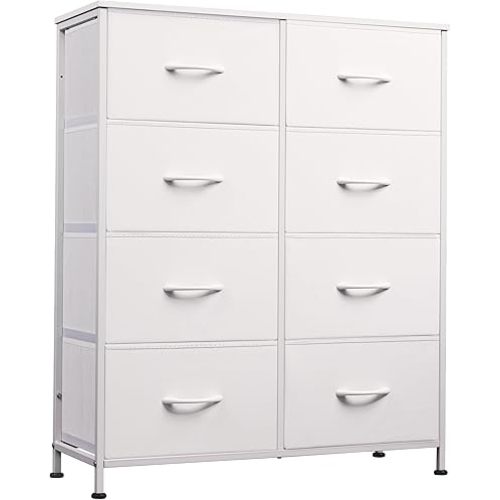 WLIVE Fabric Dresser for Bedroom, Tall Dresser with 8 Drawers, Storage Tower with Fabric Bins, Double Dresser, Chest of Drawers for Closet, Playroom, Dormitory, White