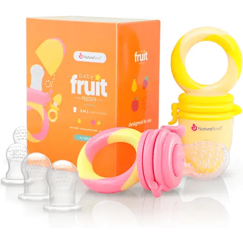 NatureBond Baby Food Feeder/Fruit Feeder Pacifier Nibbler (2 Pack) - Infant Teething Toy Teether Weaning in Appetizing Colors | + Additional Silicone Sacs