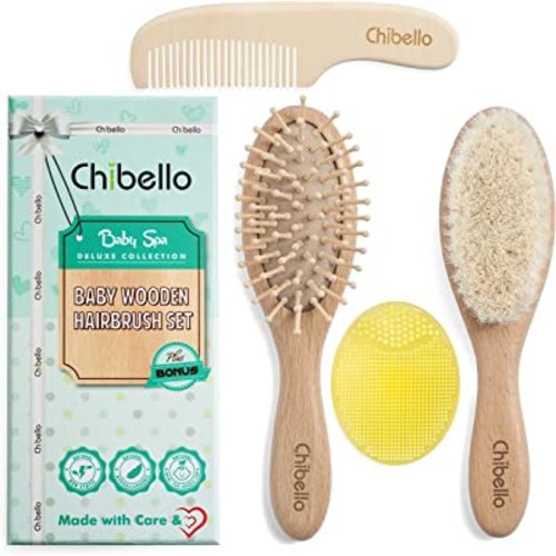 Chibello Baby Hair Care Set - 4 Piece Wooden Brush and Comb Set with Natural Goat Bristles, Ideal for Preventing Cradle Cap, Perfect for Baby Shower and Registry