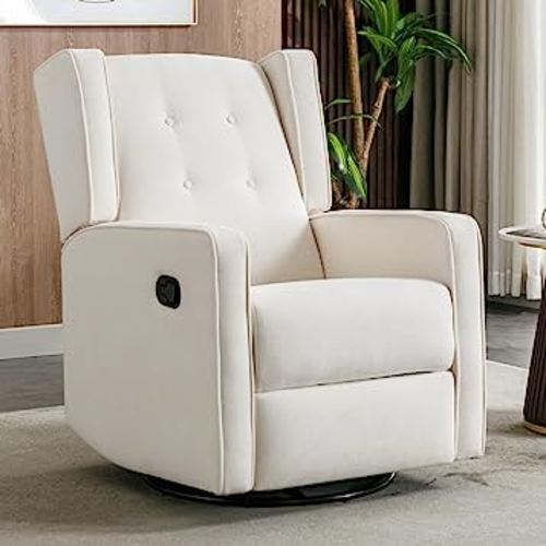 CANMOV White Nursery Recliner Chair | Swivel, Rocker, Manual Reclining | Recliner Chair, Nursery Glider Chair, Nursery Rocking Chairs