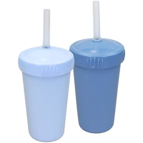 Re-Play Made in USA 2 Pack Straw Cups for Toddlers, 10 Oz. - Reusable Kids Cups with Straws and Lids, Dishwasher/Microwave Safe - Toddler Cups with Straws 3.13" x 5.5", Denim/Ice Blue