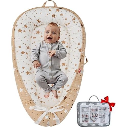 Baby Lounger, Infant Lounger for Newborn, Baby Nest Lounger, Portable Baby Bed, Co Sleeper Bassinet, Girl Boy Essentials, Soft Breathable Baby Floor Seat Lounger (Brown Stars)